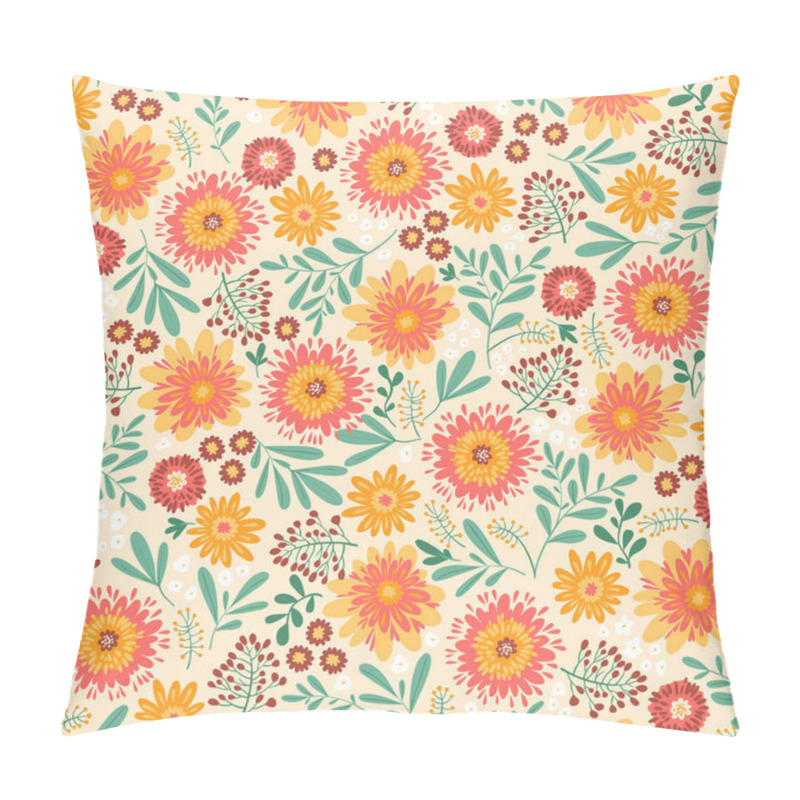 Personality  Glory Of Summer. Botanical Retro Floral Pattern. Seamless Vector Design In Bright Fall Colors. Autumn Flowers In Orange, Yellow, Red Create Colorful Print For Fashion Textile And Home Decor Pillow Covers