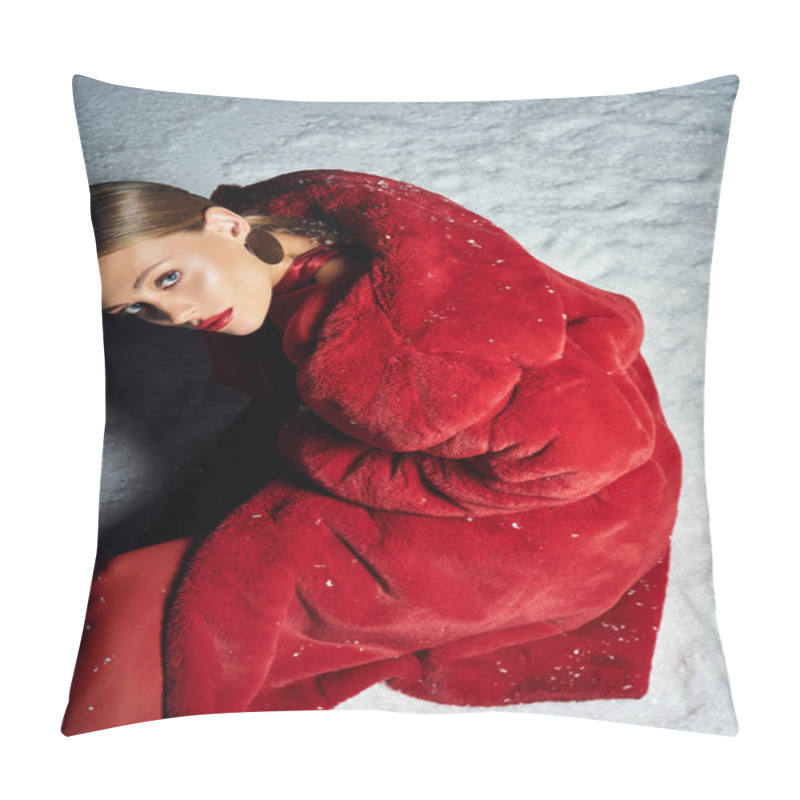 Personality  A Stylish Young Woman In A Striking Red Coat Poses Elegantly Amidst A Serene Snowy Backdrop. Pillow Covers