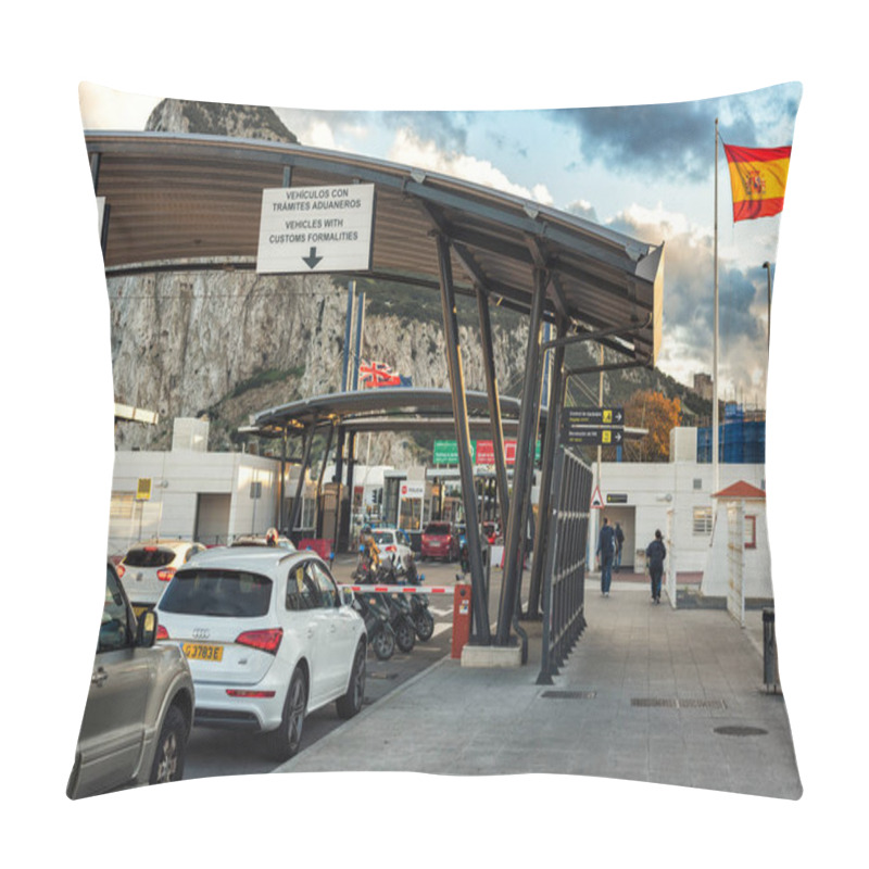 Personality  GIBRALTAR, EUROPE - DECEMBER 2017: Customs Control Point At Spanish Border In LaLinea Town. Rock Of Gibraltar At Background - British Oversee Territory Pillow Covers