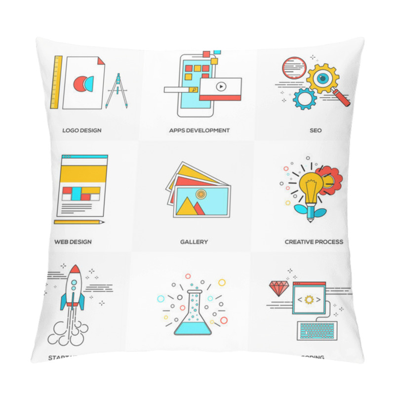 Personality  Flat Line Icons Set Of  Tehnology And Development Pillow Covers