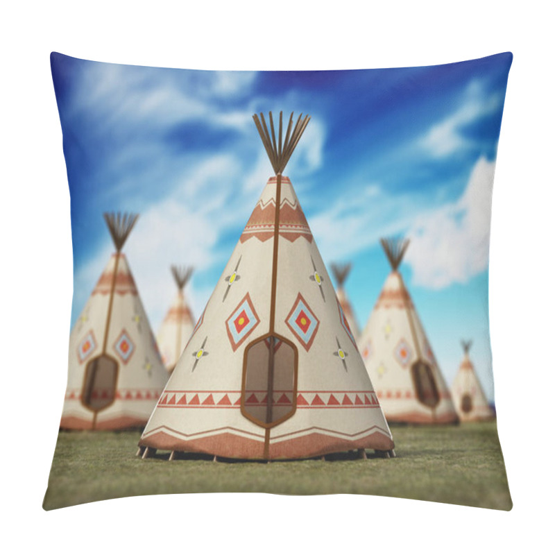 Personality  Indian Tents On Grass Field Against Blue Sky. 3D Illustration. Pillow Covers