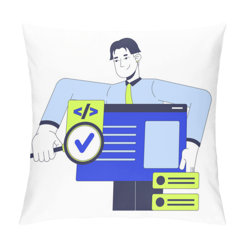 Personality  Tester Searching Bug In Software 2D Illustration Concept. Developer Engineer Holding Magnifying Glass Cartoon Character Isolated On White. Syntax Code Assessment Metaphor Abstract Flat Vector Graphic Pillow Covers