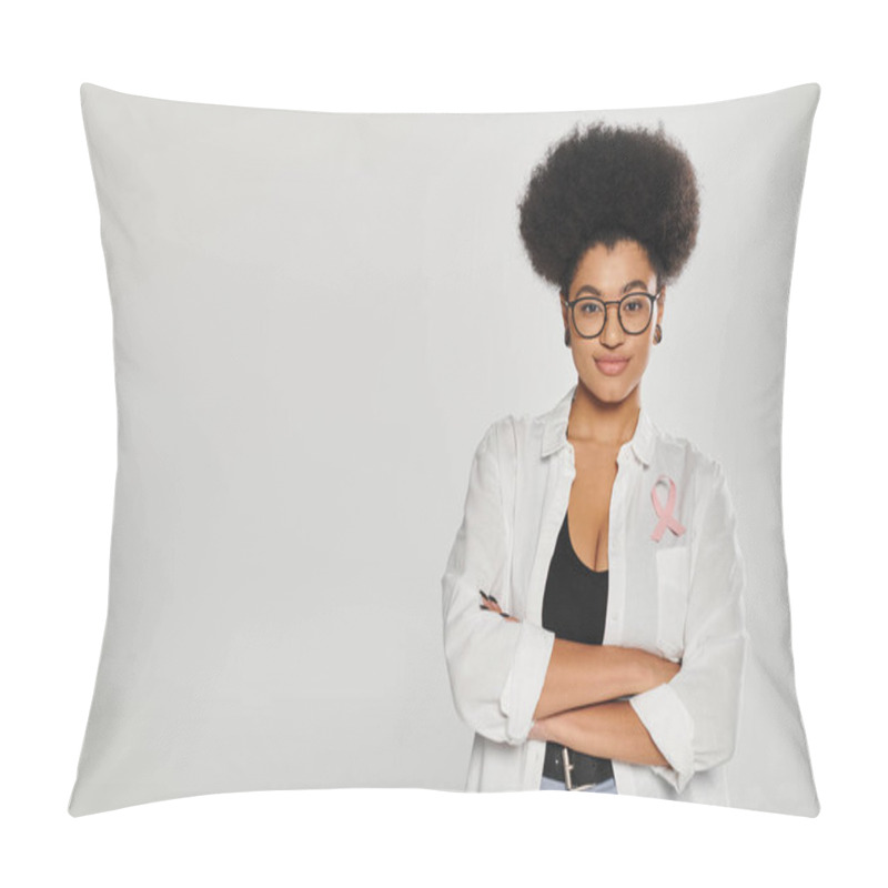 Personality  African American Woman With Pink Ribbon Of Breast Cancer Awareness Crossing Arms Isolated On Grey Pillow Covers