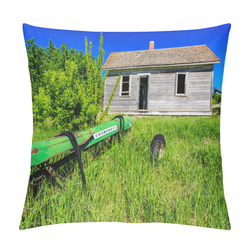 Personality  A Green Tractor Is Sitting In A Field Next To A House. The House Is Old And Run Down Pillow Covers