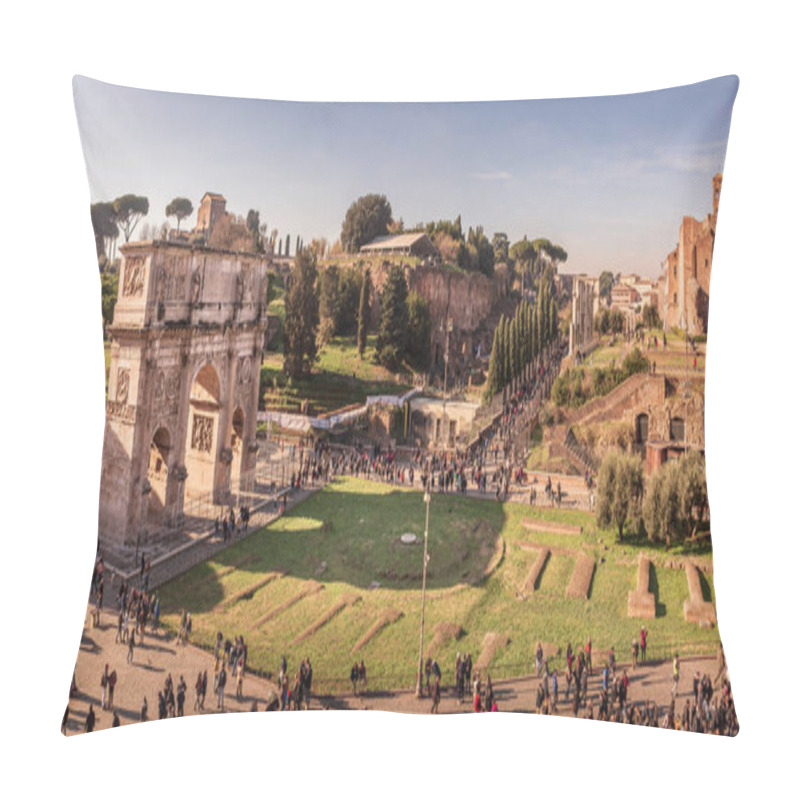 Personality  The South Side Of The Arch Of Constantine And Temple Of Venus And Rome In Rome, Italy. Panoramic Taken From The Coliseum On A Sunny Early Afternoon Pillow Covers