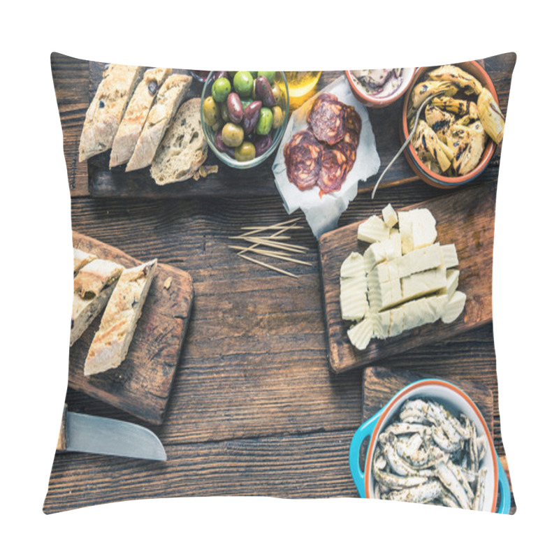 Personality  Tapas On Kitchen Table, From Overhead, Copy Space Pillow Covers