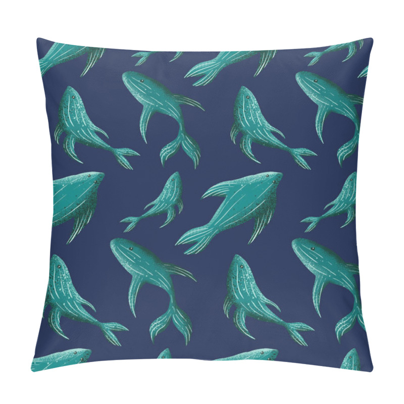 Personality  Turquoise Whales Swim In A Dark Blue Background. Abstract Seamless Pattern. Digital Art. Pillow Covers