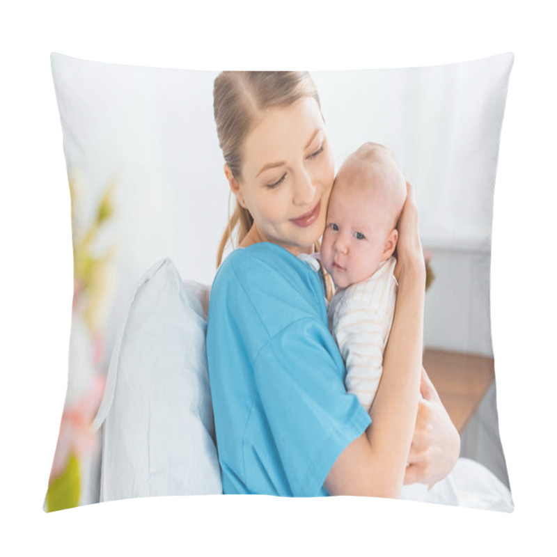 Personality  Happy Young Mother Sitting On Hospital Bed And Hugging Adorable Baby  Pillow Covers