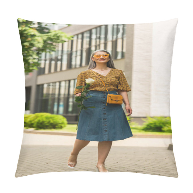 Personality  Happy Asian Woman In Denim Skirt And Patterned Blouse Walking With White Rose Outdoors Pillow Covers