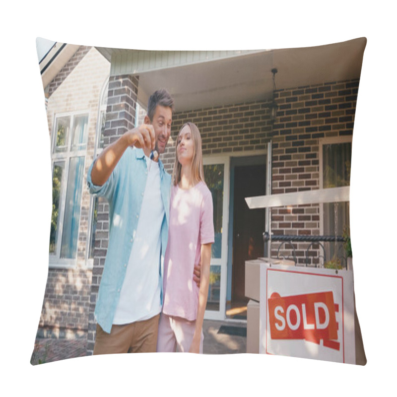 Personality  Happy Man Holding Keys And Hugging Wife Near New House And Sold Board  Pillow Covers