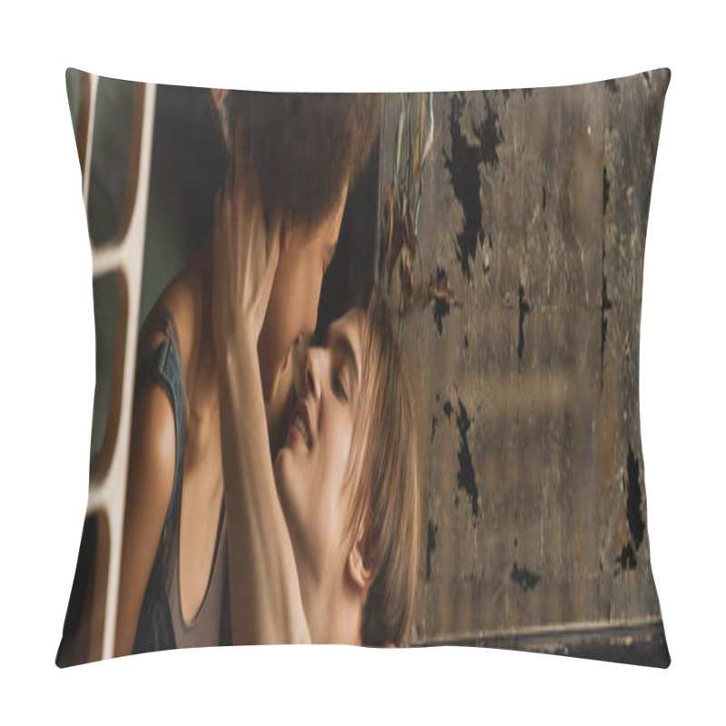 Personality  Happy Young Artist Embracing Seductive African American Woman In Art Studio, Banner Pillow Covers