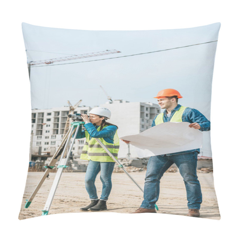 Personality  Surveyor With Digital Level And Colleague With Blueprint Pillow Covers