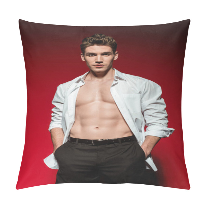 Personality  Sexy Young Elegant Man In Unbuttoned Shirt With Muscular Bare Torso And Hands In Pockets On Red Background Pillow Covers