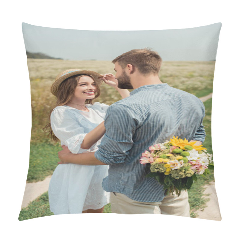 Personality  Man Hiding Bouquet Of Wild Flowers For Smiling Girlfriend Behind Back In Summer Field Pillow Covers