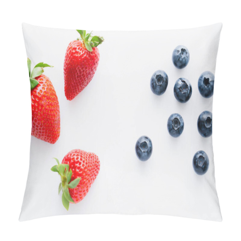 Personality  Top View Of Strawberries And Blueberries On White Background  Pillow Covers