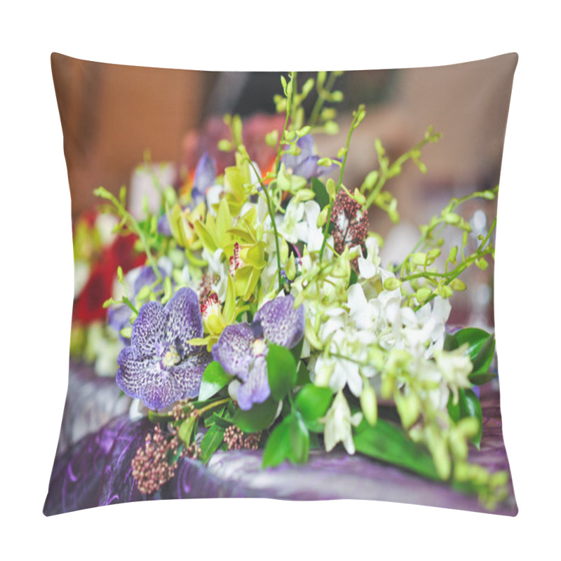 Personality  Beautiful Bouquet Of Wild Flowers, On Table. Wedding Bouquet Of White An Mauve Flowers. Elegant Wedding Bouquet On Table At Restaurant. Floral Arrangements On Wedding Ceremony Detail. Pillow Covers