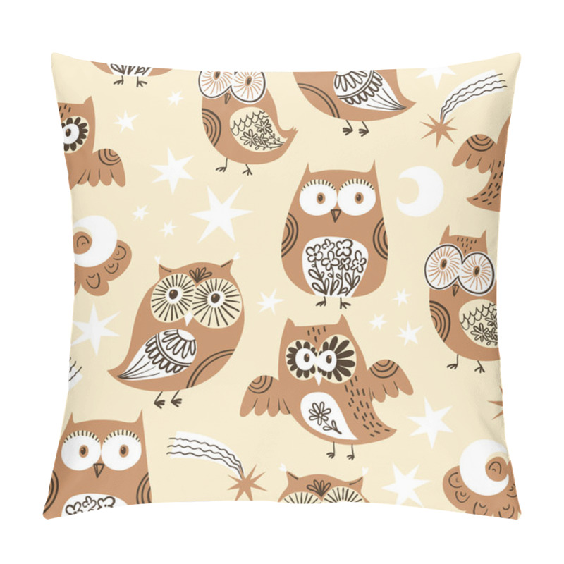 Personality  White Cute Little Owls With Stars, Seamless Vector Pattern With Birds, Moon, Stars, Night Sky. Detailed Print With Cartoon Birds For Kids Fashion In Neutral Beige Colors Pillow Covers