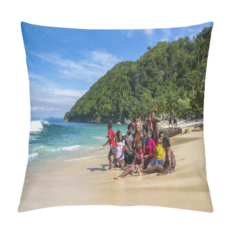 Personality  PAPUA NEW GUINEA, JAYAPURA, AUGUST, 15, 2019 - Indonesian Funny Children Are Photographed With A White Lady On The Pantai Base Beach In Sentani, Jayapura, New Guinea. Pillow Covers