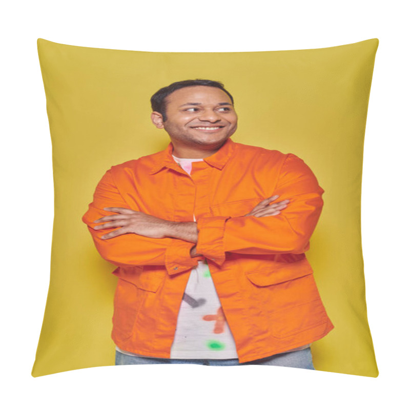 Personality  Portrait Of Positive Indian Man In Orange Jacket Standing With Folded Arms On Yellow Backdrop Pillow Covers