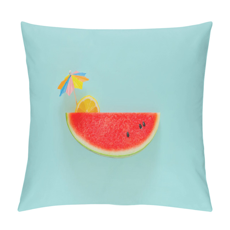 Personality  Red Watermelon With Slice Lemon And Cocktail Umbrella On Blue Background. Minimal Summer Drink Concept. Pillow Covers