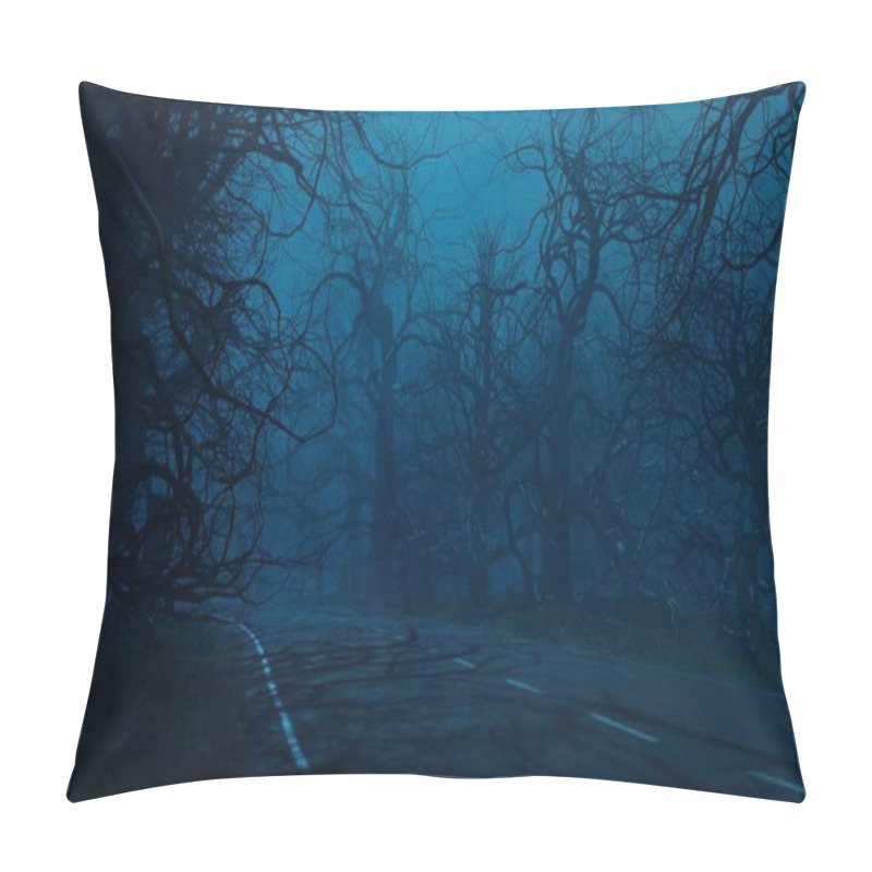 Personality  Scary Trees At Night Near Forest Road. Mystical Eerie Forest Landscape In Fog, Moonlight. 3d Render Pillow Covers