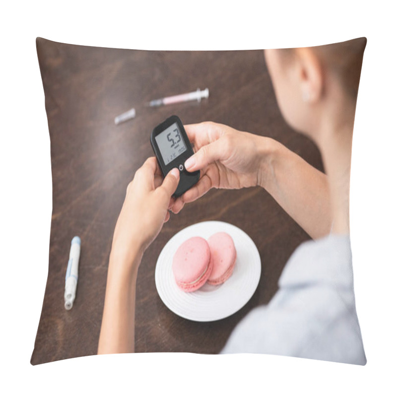 Personality  Cropped View Of Woman Holding Glucose Monitor With Numbers Near Sweet Dessert  Pillow Covers