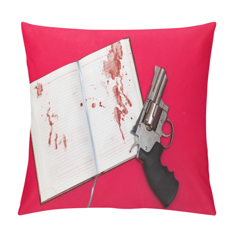 Personality  Revolver And A Open Notebook In Blood On Red Pillow Covers