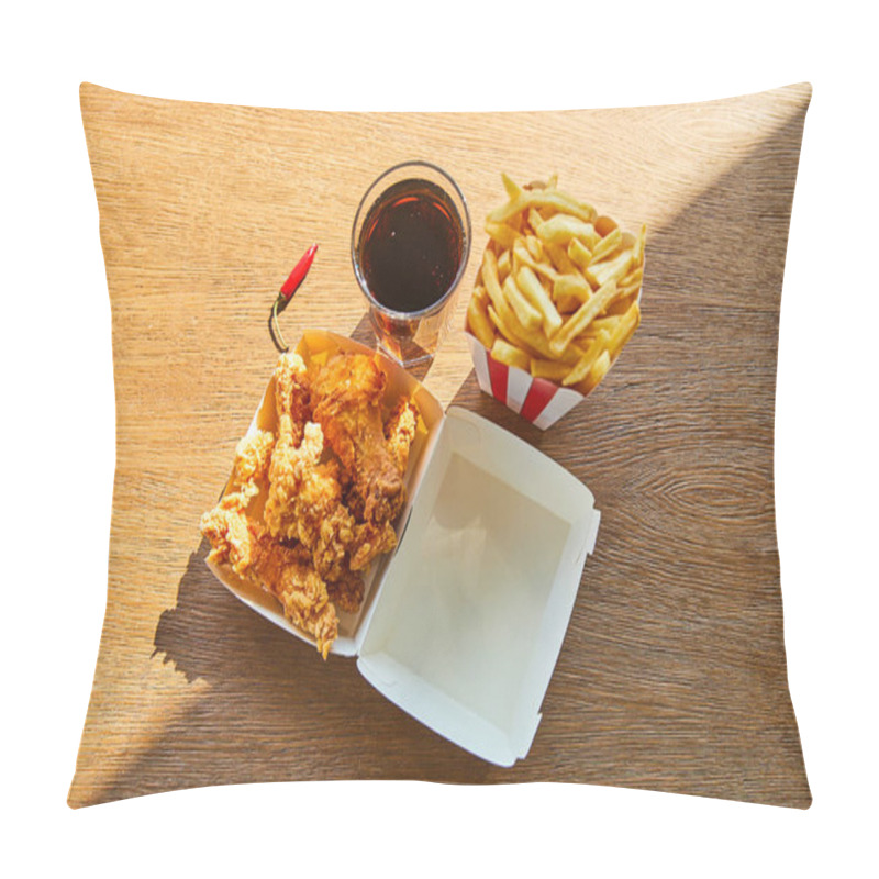 Personality  Top View Of Deep Fried Chicken, French Fries And Soda In Glass On Wooden Table In Sunlight Pillow Covers