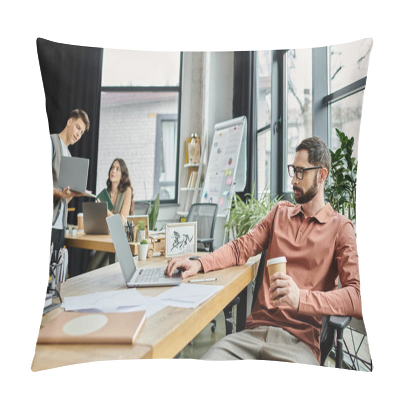 Personality  Professionals In Casual Attire Discuss Strategies In Modern Office. Pillow Covers