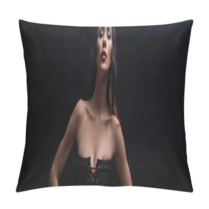 Personality  Panoramic Shot Of Beautiful Woman In Corset Looking At Camera Isolated On Black Pillow Covers