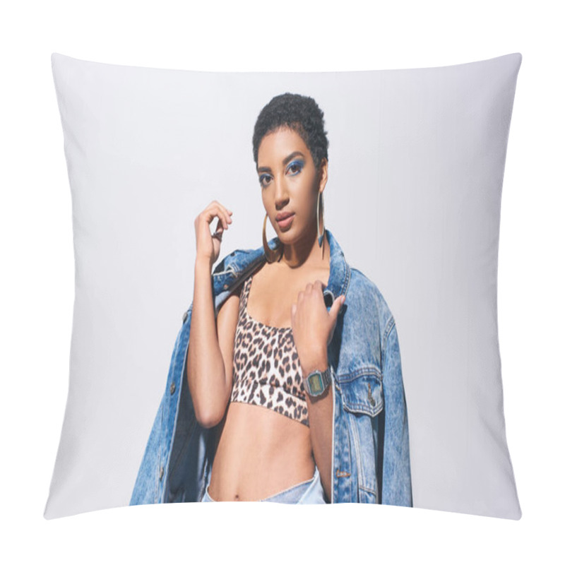 Personality  Trendy African American Young Woman With Short Hair And Bold Makeup Wearing Top With Animal Print And Modern Denim Jacket While Standing Isolated On Grey, Denim Fashion Concept Pillow Covers