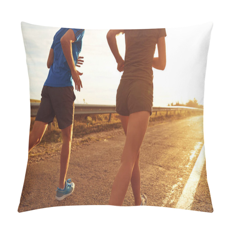 Personality  A Guy And A Girl Jog Along The Road At Sunset In Nature.  Pillow Covers