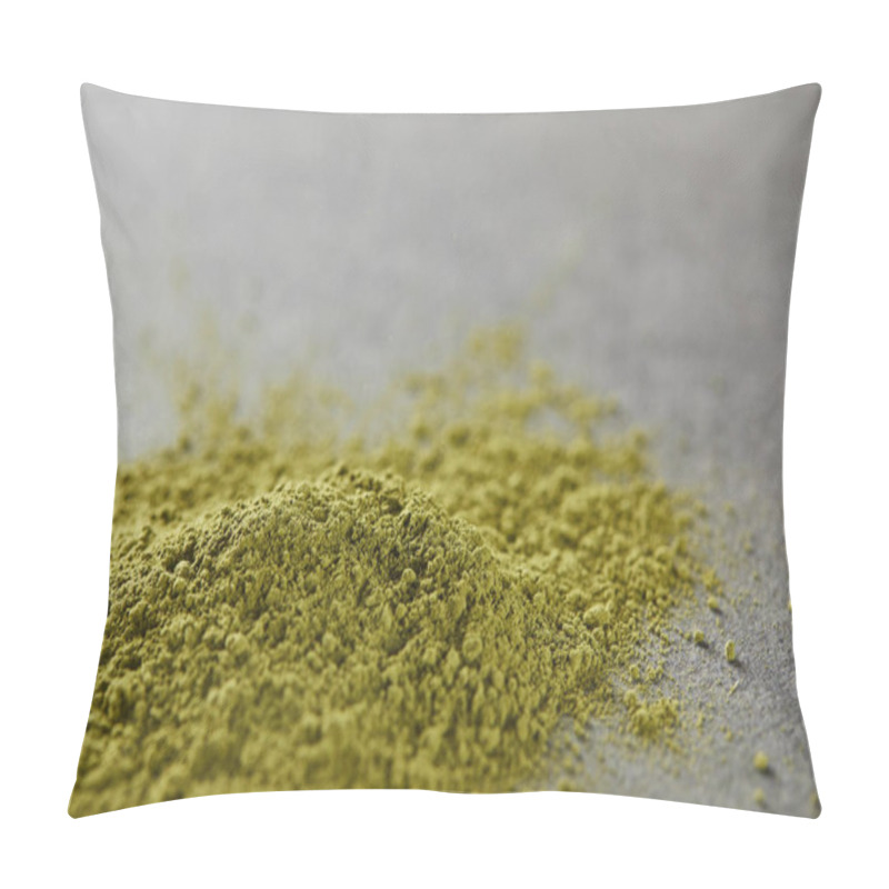 Personality  Selective Focus Of Green Matcha Powder On Grey Table Pillow Covers