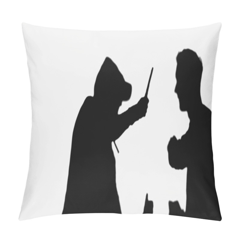 Personality  Black Silhouettes Of Robber With Knife And Man With Clenched Fists Isolated On White Pillow Covers