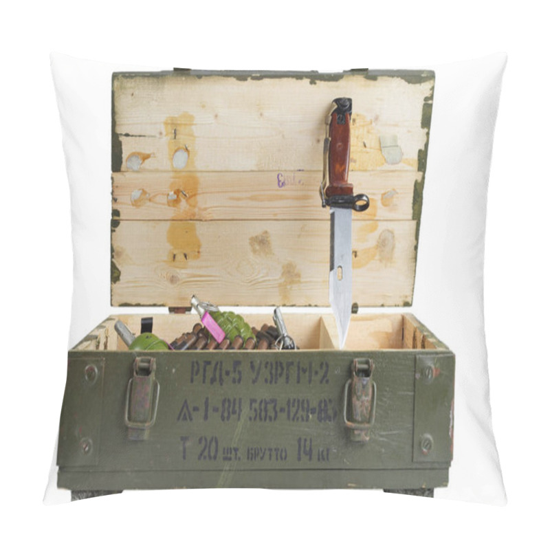 Personality  Soviet Army Ammunition Box With Bayonet Isolated. Text In Russian - Type Of Ammunition (RGD 5 UZRGM - Hand Grenade), Lot Number And Production Date, Number Of Pieces And Weight Pillow Covers