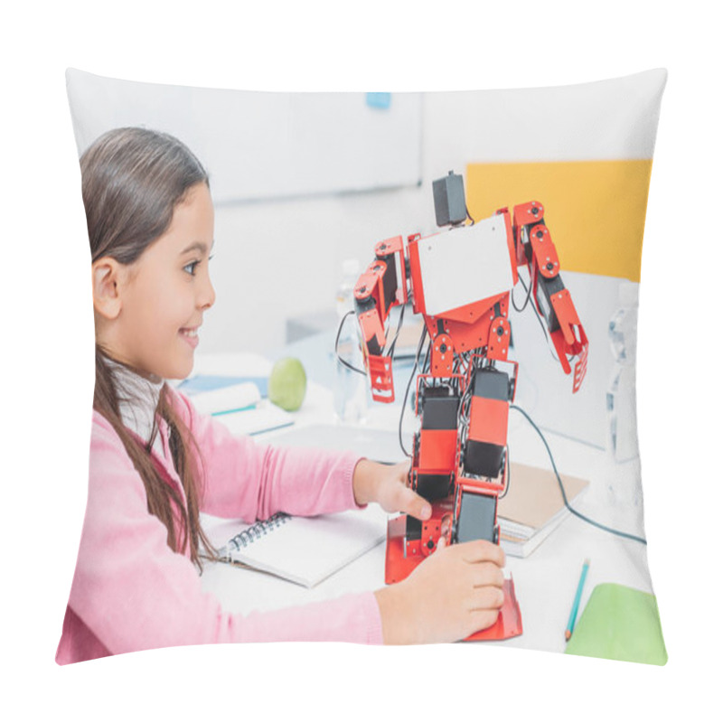 Personality  Adorable Schoolgirl Sitting At Table In STEM Classroom And Playing With Robot Model Pillow Covers