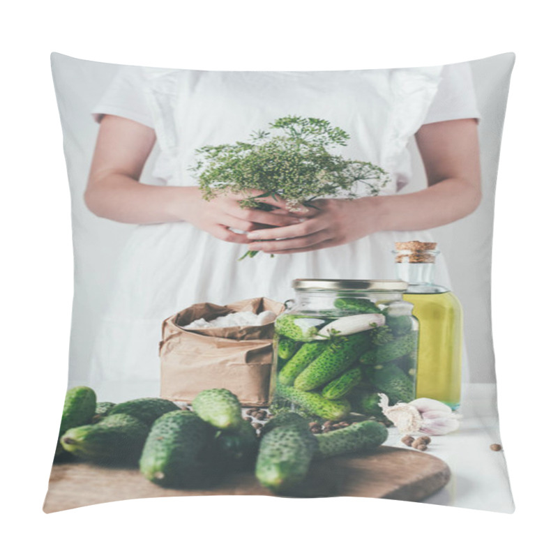 Personality  Cropped Image Of Woman Preparing Preserved Cucumbers And Holding Dill At Kitchen Pillow Covers