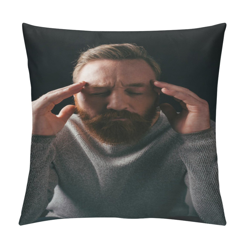 Personality  Tensed Bearded Man In Jumper Touching Head Isolated On Black With Shadow  Pillow Covers