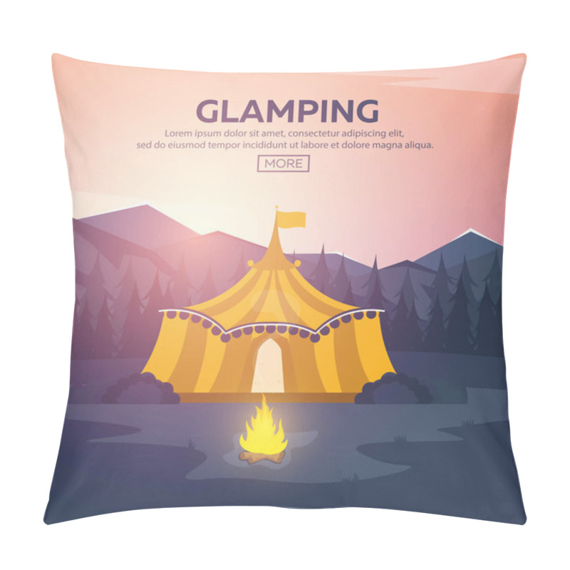 Personality  Glamping. Glamor Camping. Campfire. Pine Forest And Rocky Mountains. Evening Camp. Pillow Covers