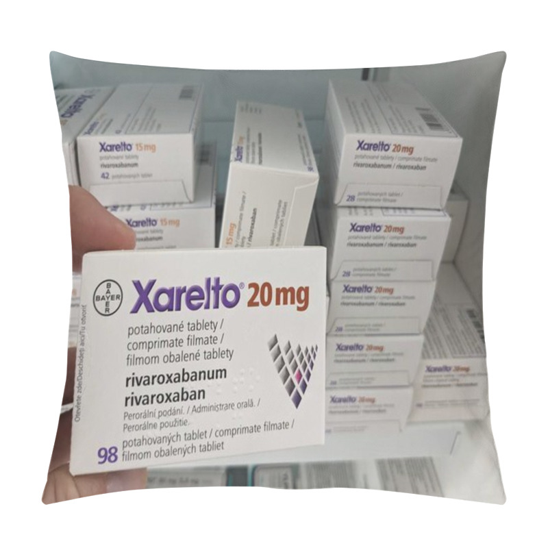 Personality  Prague, Czech Republic-August 15 2024: XARELTO Box Of Tablets With RIVAROXABAN Active Substance By BAYER, Used For The Prevention And Treatment Of Blood Clots And Stroke. Pillow Covers