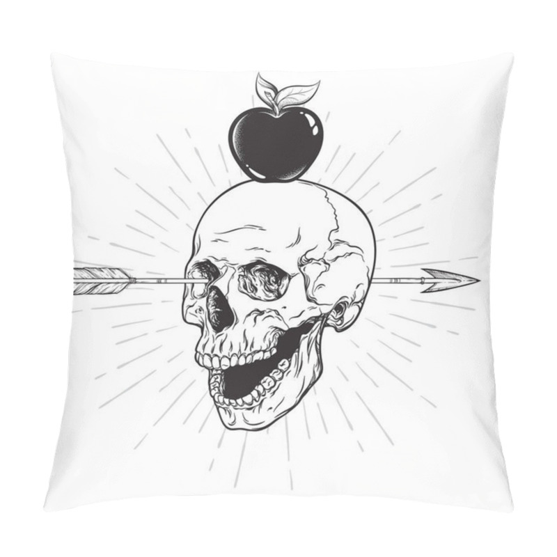 Personality  Human Skull Pierced With Arrow Line Art And Dot Work. Boho Sticker, Print Or Blackwork Flash Tattoo Art Design Hand Drawn Vector Illustration Pillow Covers