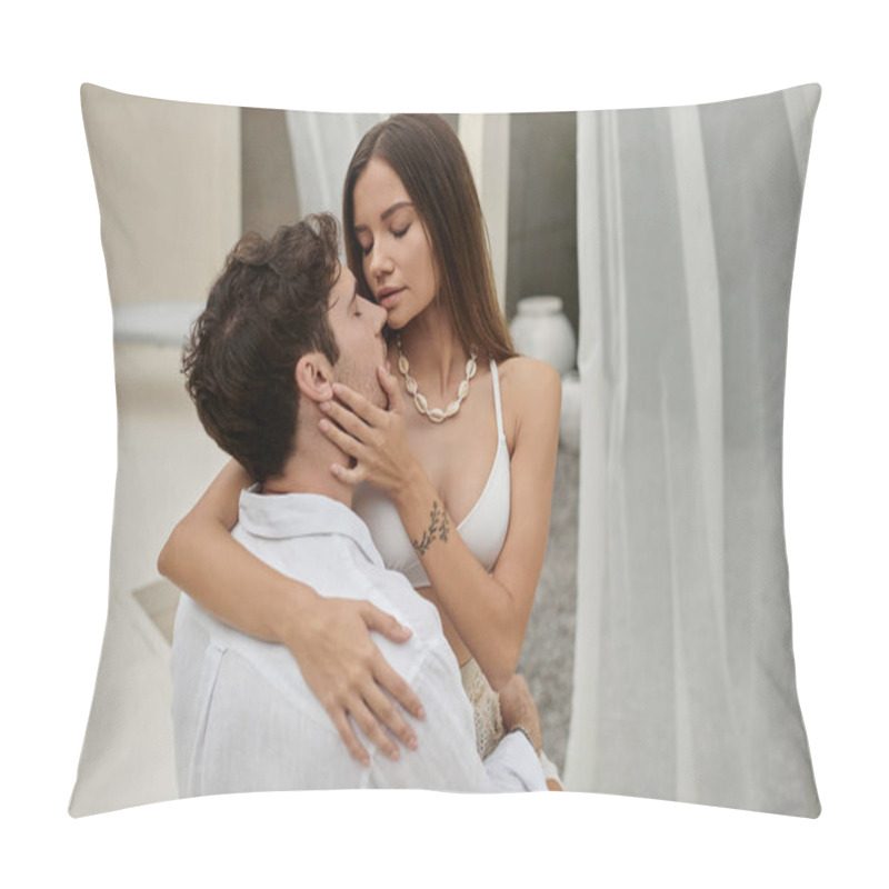 Personality  Couple Harmony, Tattooed Woman Touching Face Of Boyfriend During Their Romantic Getaway, Vacation Pillow Covers