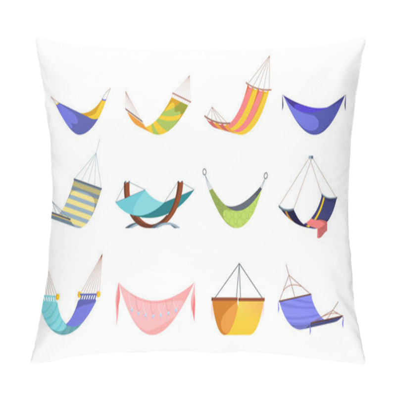 Personality  Hammock Hanging Large Set. Modern Hanging Hammocks Bright Fashionable Pink Rhinestones Basket Drawing Tropical Green Yellow Colors Striped Red Orange Deep Dark Blue Towel. Relaxing Clipart Vector. Pillow Covers