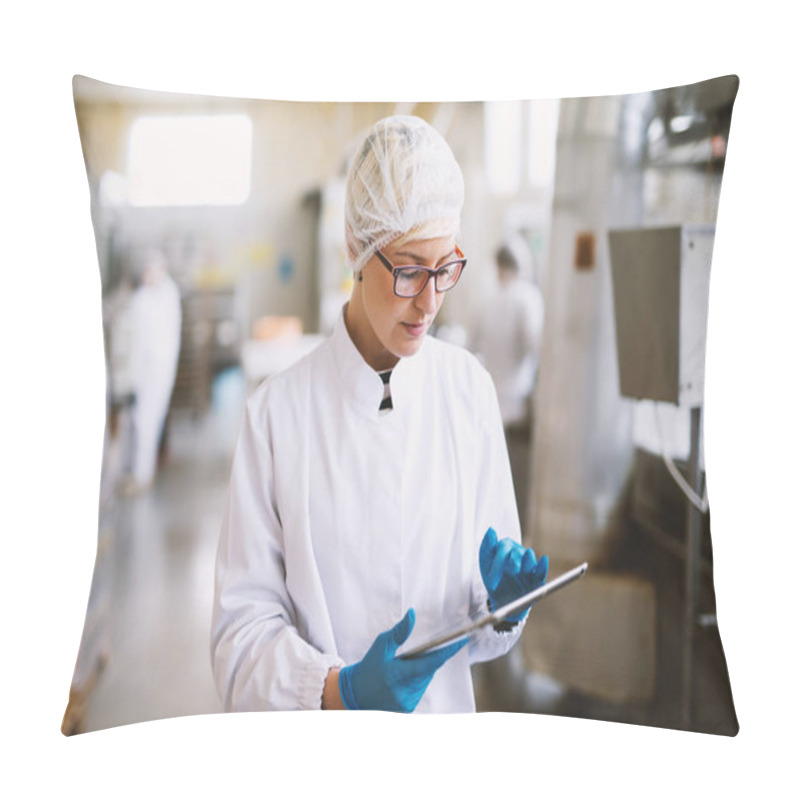 Personality  Young Focused Female Worker In Sterile Clothes Checking Productivity Of Production Line In Food Factory. Pillow Covers