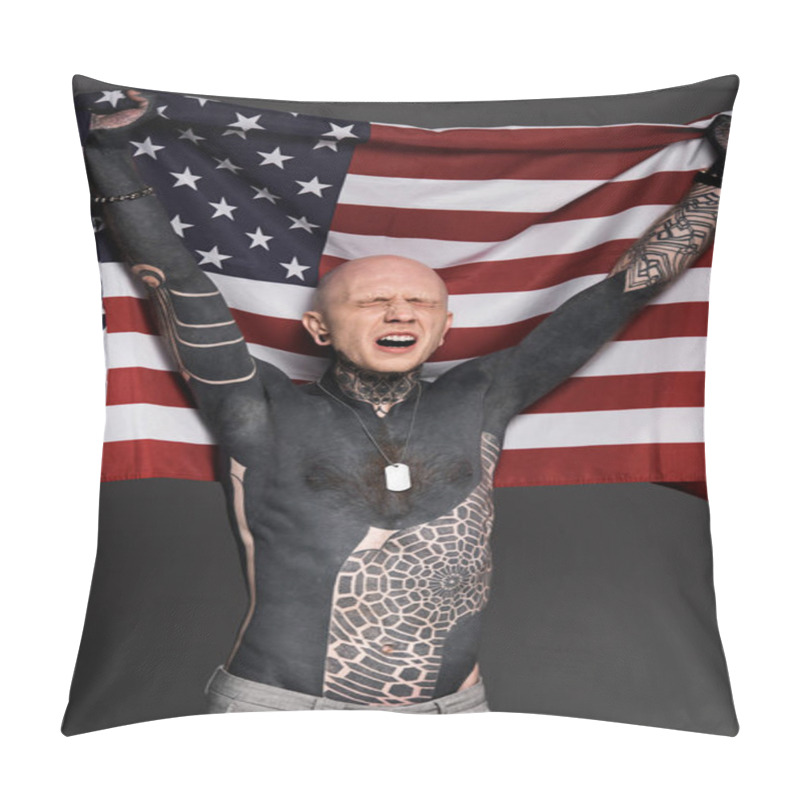 Personality  Emotional Tattooed Man With Closed Eyes Holding Us Flag Isolated On Grey Pillow Covers