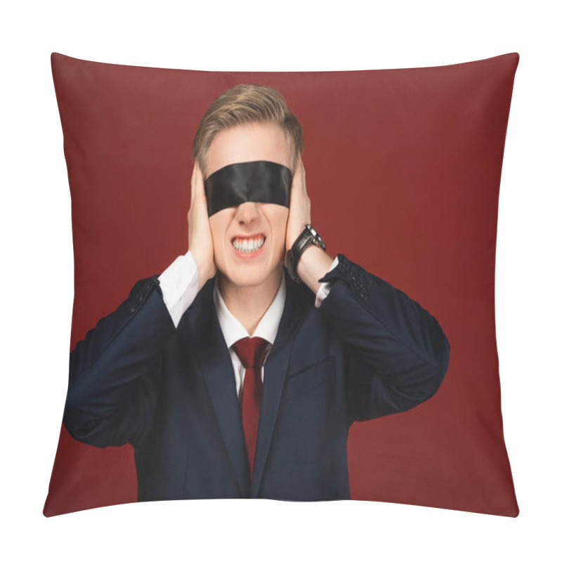 Personality  Man With Blindfold On Eyes Covering Ears With Hands On Red Background Pillow Covers