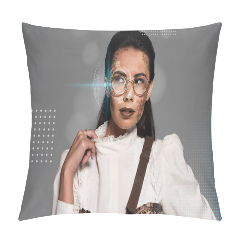 Personality  Pensive Steampunk Woman Looking Away Isolated On Grey With Digital Illustration Pillow Covers