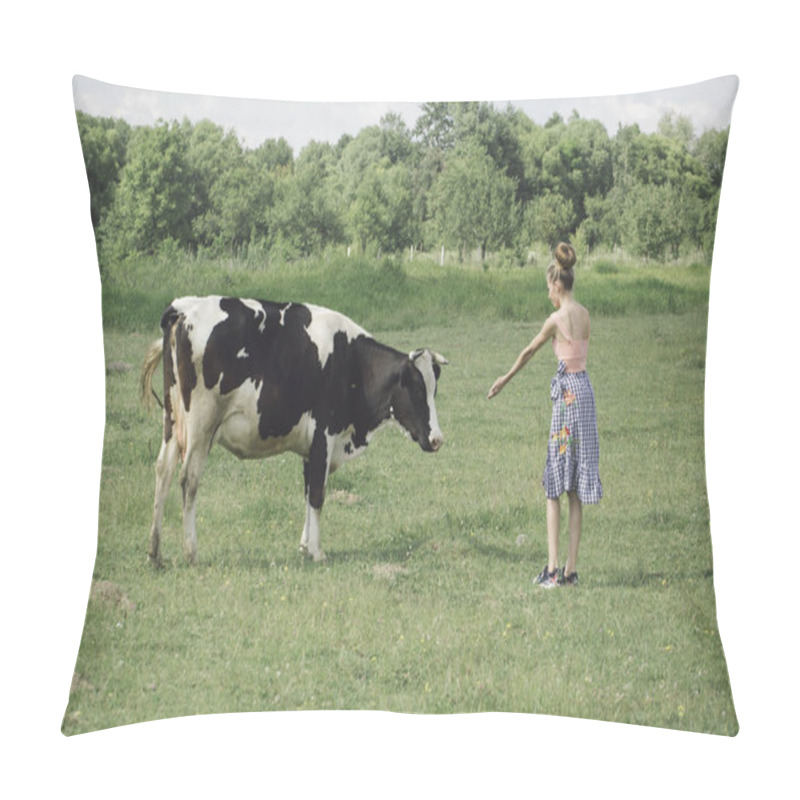 Personality  Veterinarian On Farm Feeding Cow. Pillow Covers