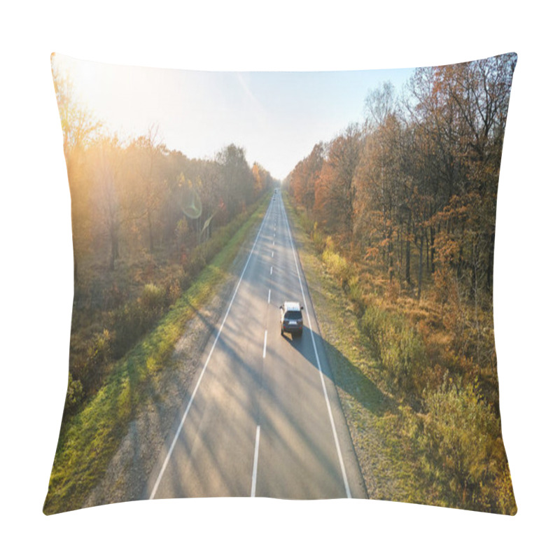 Personality  Aerial View Of Intercity Road With Blurred Fast Driving Car At Sunset. Top View From Drone Of Highway Traffic In Evening Pillow Covers