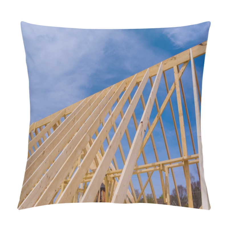 Personality  Wooden Roof Trusses Detailing Of The Exterior View A Timber Frame Home Pillow Covers